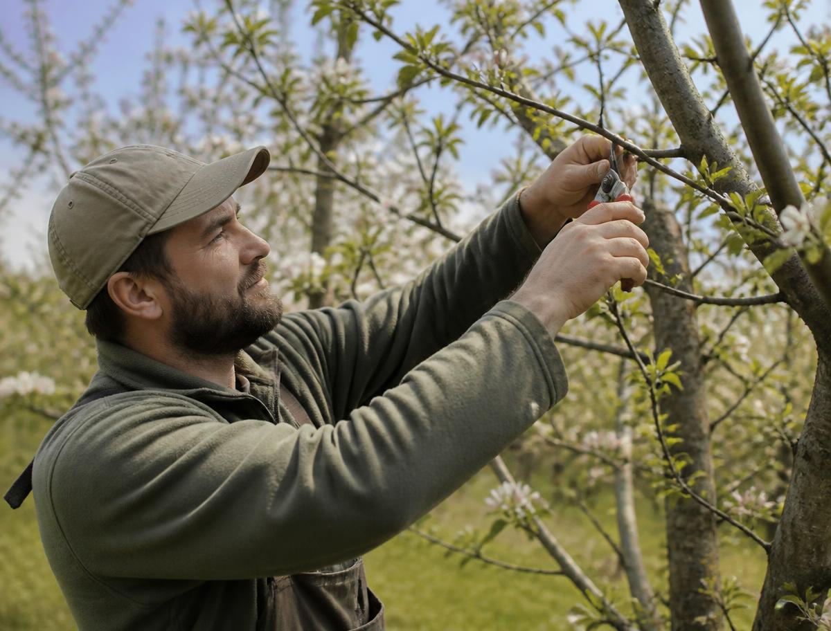 Jardinier taillant un pommier au sécateur au printemps