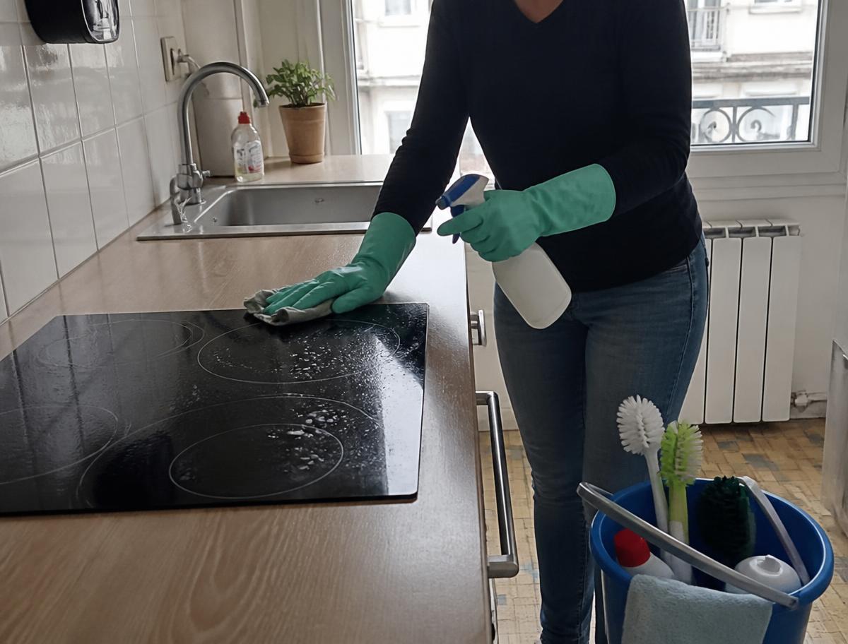 Nettoyage à fond d'un plan de travail et d'une plaque de cuisson dans une cuisine