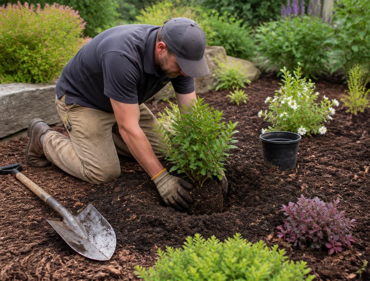 Jardinier plantant un arbuste dans un massif paillé