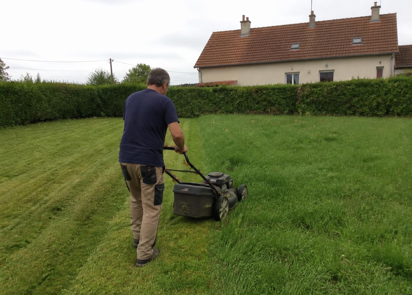 Jardinier tondant une grande pelouse verte rayée avec une tondeuse professionnelle