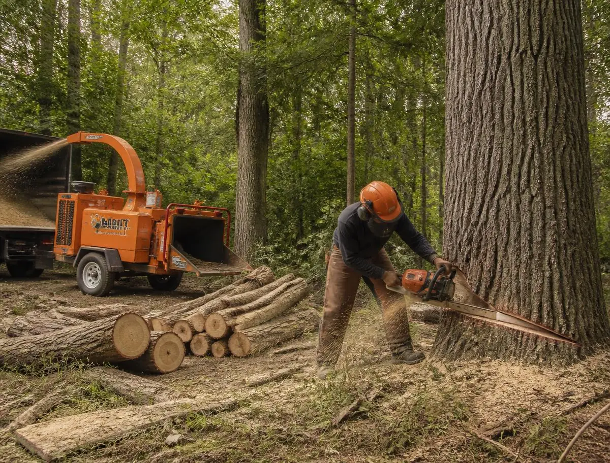 Bûcheron casqué abattant un gros tronc à la tronçonneuse en forêt, billons empilés au sol et broyeur de branches à l’arrière-plan