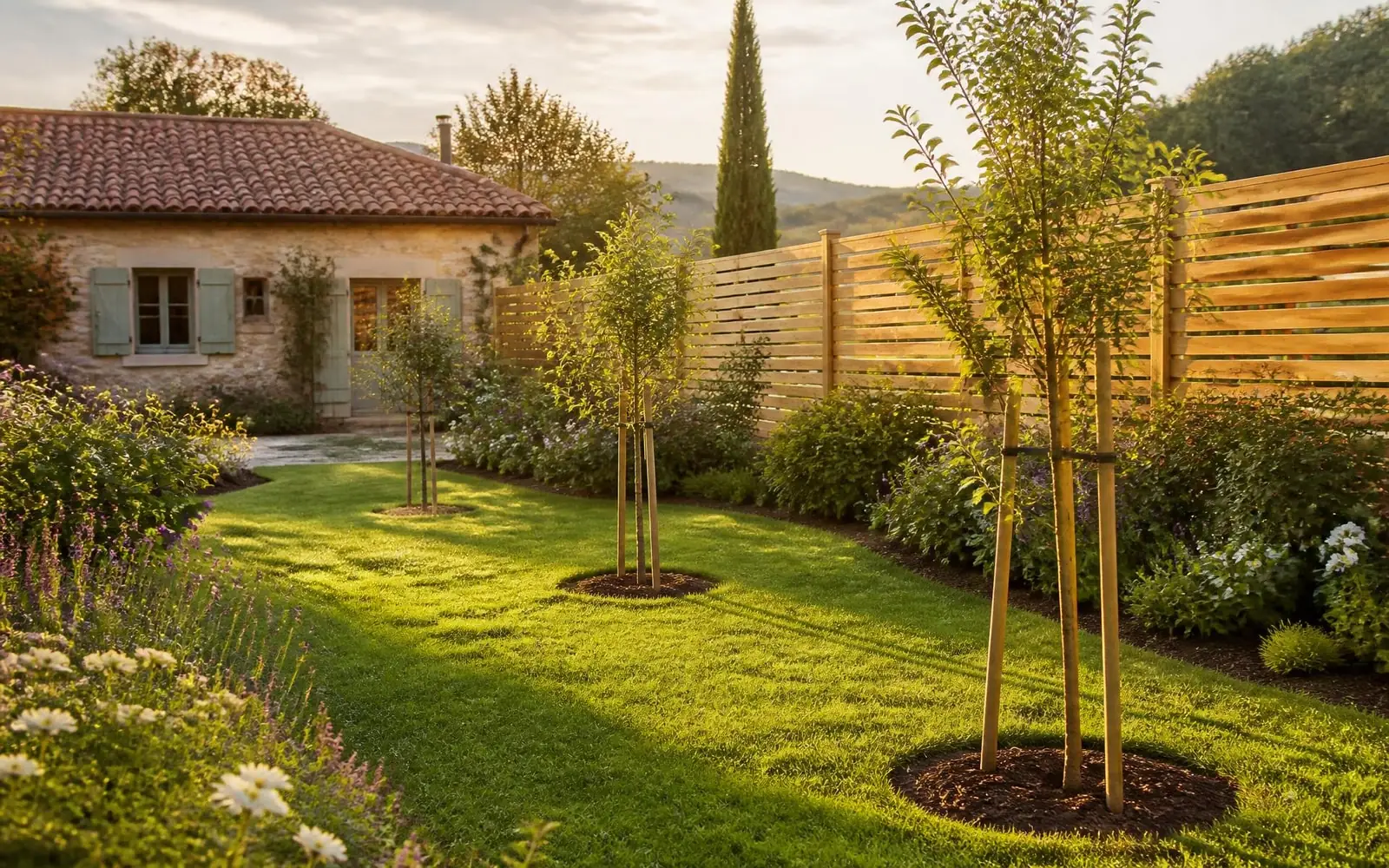 Jeunes arbres plantés dans une pelouse, chacun tenu par des tuteurs et paillé à son pied, le long d’une palissade en bois