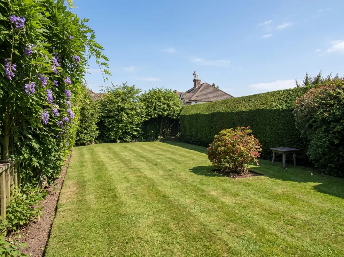 Le même jardin, pelouse tondue en bandes et haies reprises, glycine en fleurs sur la gauche