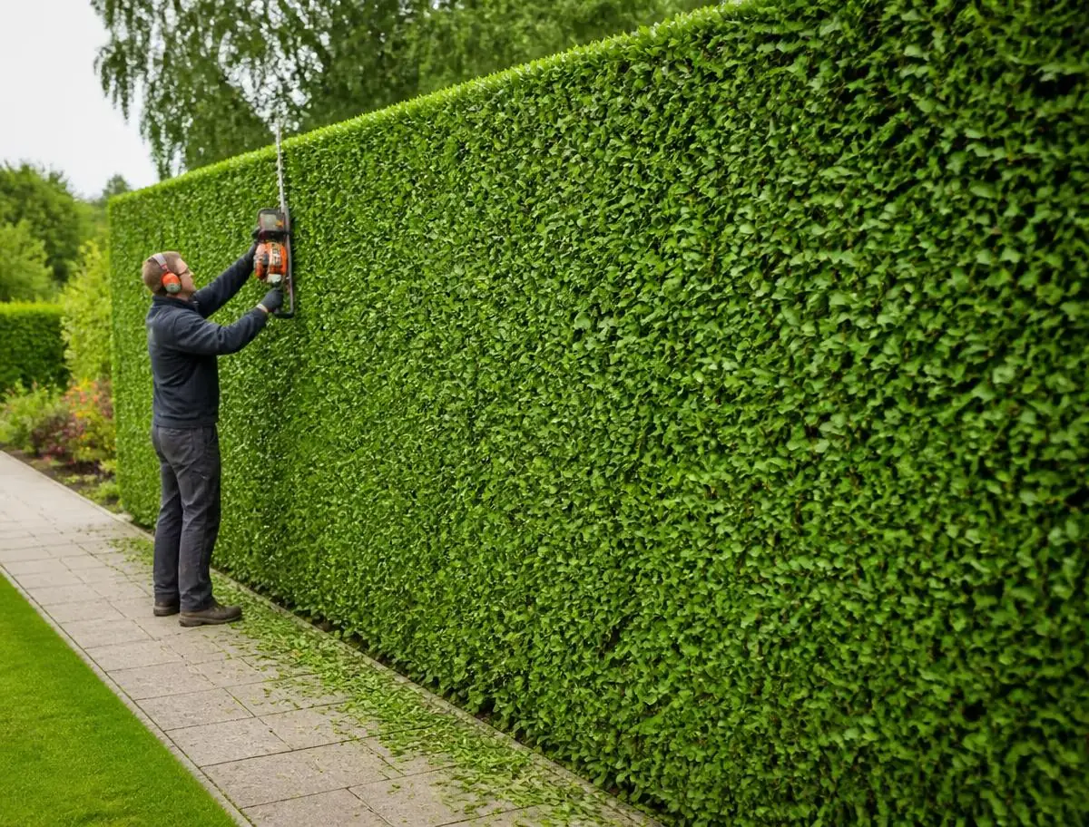Jardinier taillant une haute haie persistante au taille-haie, les coupes tombées sur l’allée pavée à ses pieds
