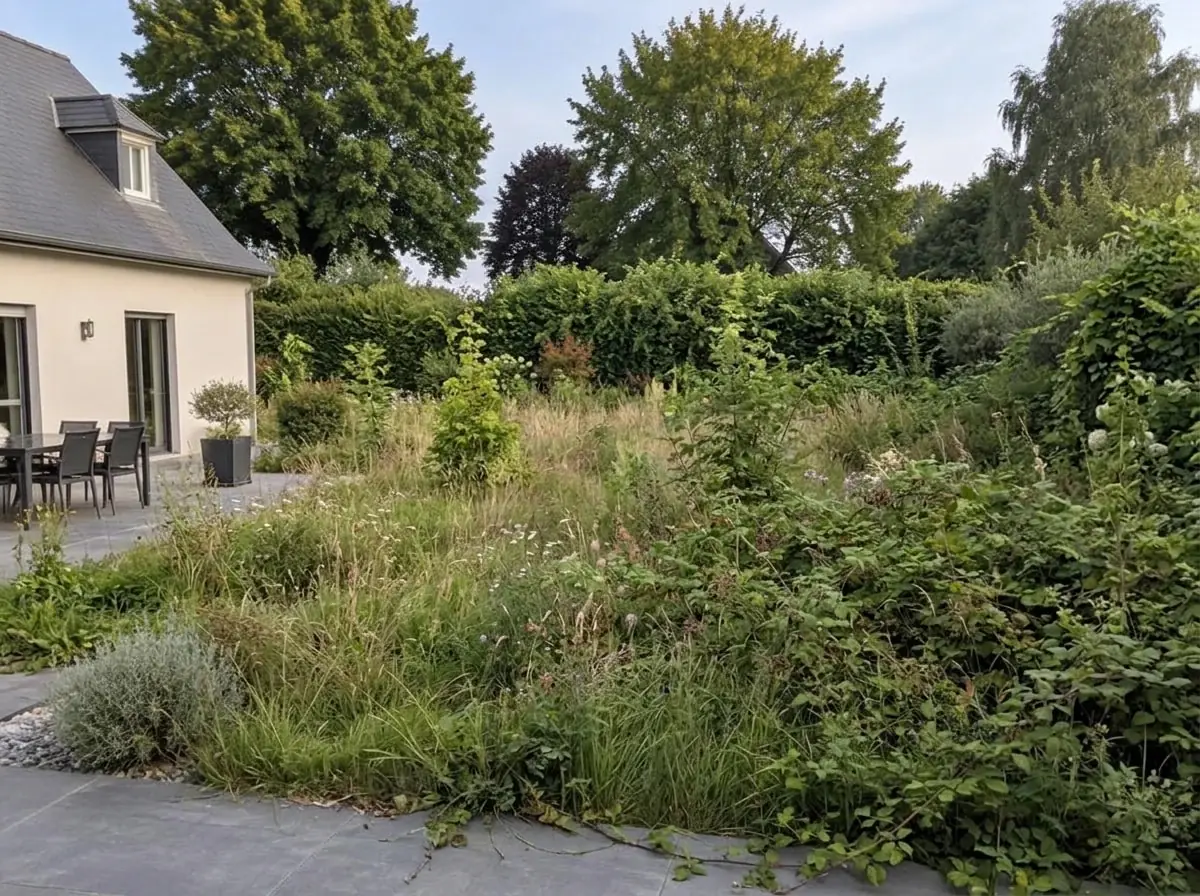 Jardin laissé en friche : hautes herbes, broussailles et jeunes pousses envahissent tout, jusqu’au bord de la terrasse dallée