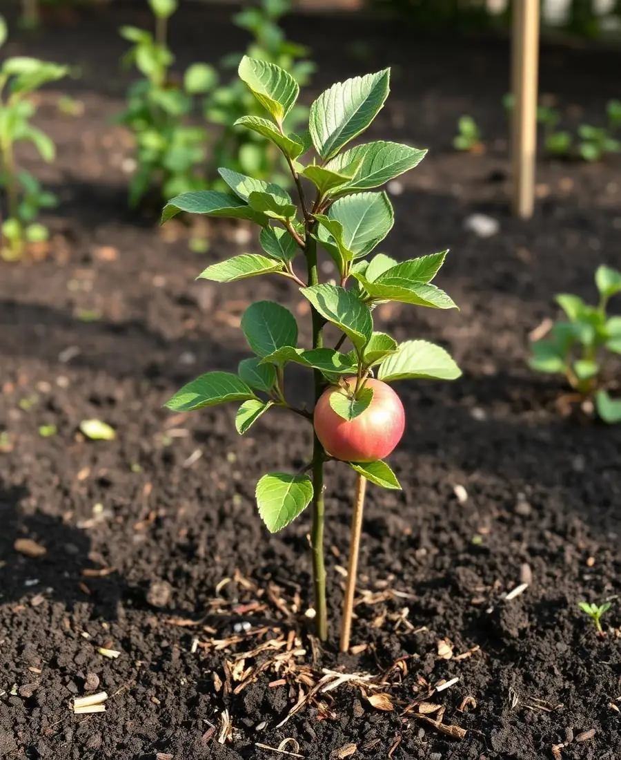 Jeune pommier tuteuré portant une pomme, terre nue et paillis à son pied