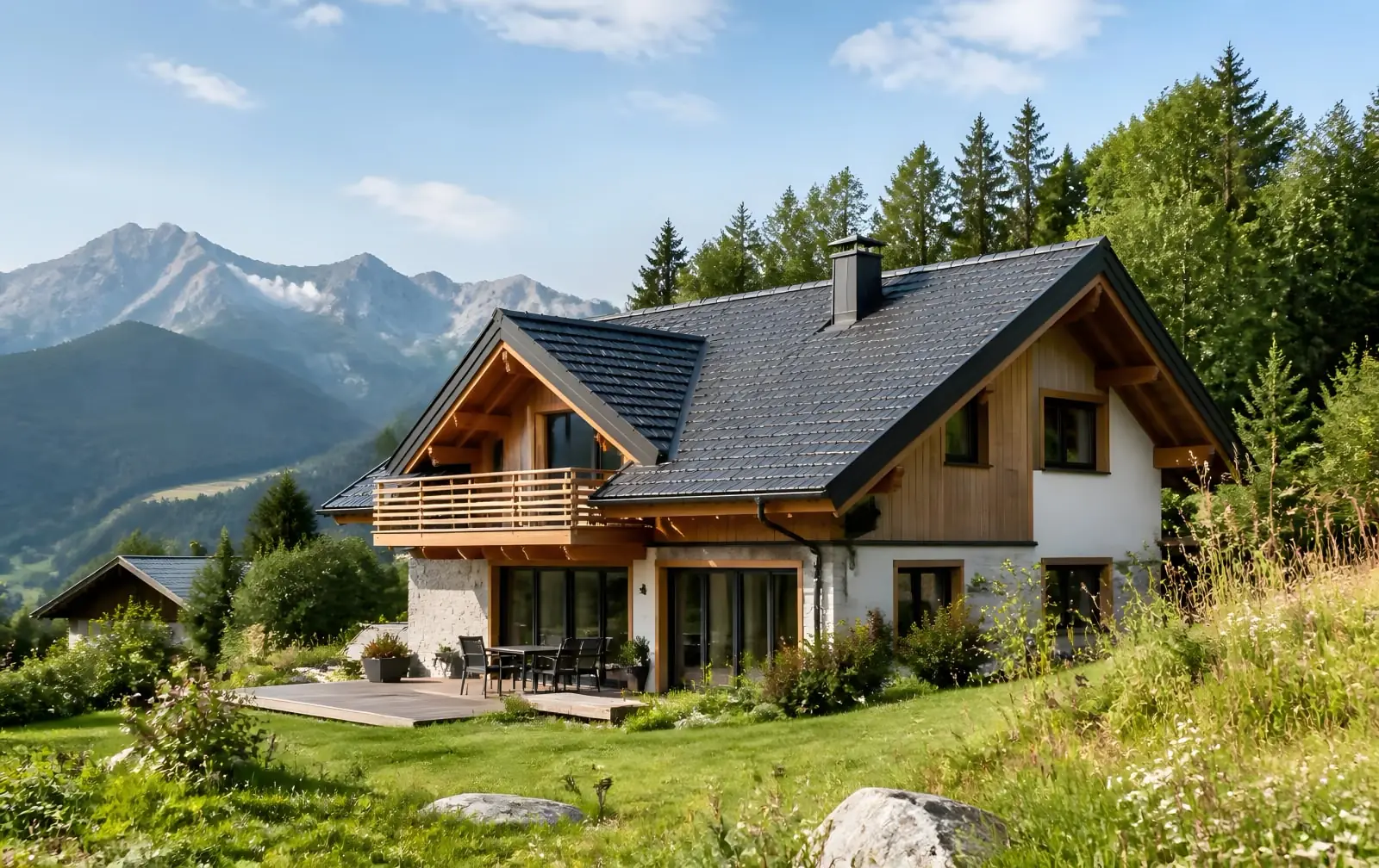 Chalet de montagne en bois et pierre, grand balcon et terrasse, au pied de sommets rocheux