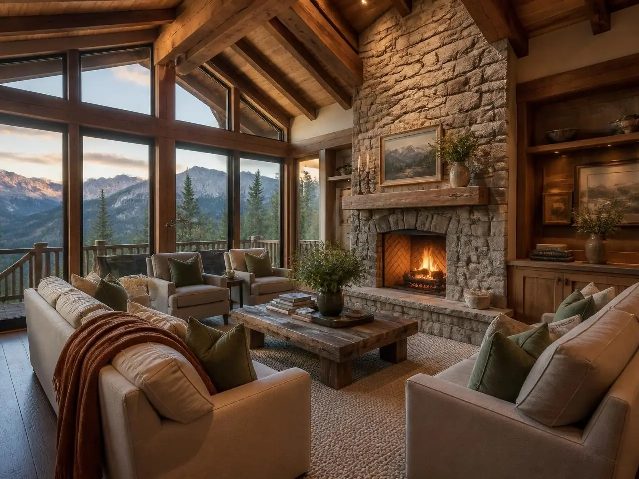 Séjour d’un chalet : baies vitrées face aux montagnes, cheminée en pierre, canapés autour d’une table basse en bois