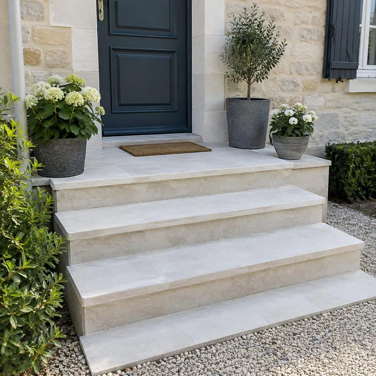 Escalier d’entrée en pierre claire aux marches propres, hortensias et olivier en pots de part et d’autre de la porte