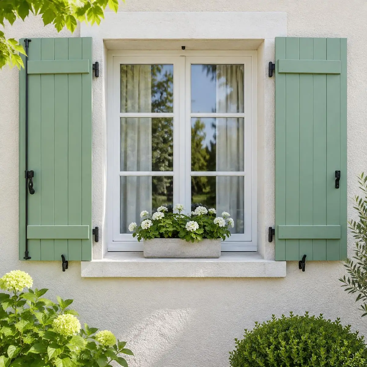 Fenêtre à petits carreaux aux vitres claires entre deux volets verts, jardinière fleurie sur l’appui