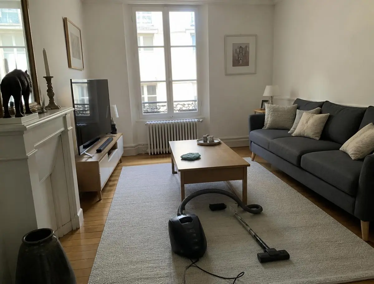 Salon d’appartement rangé, aspirateur posé sur le tapis entre le canapé et le meuble de télévision