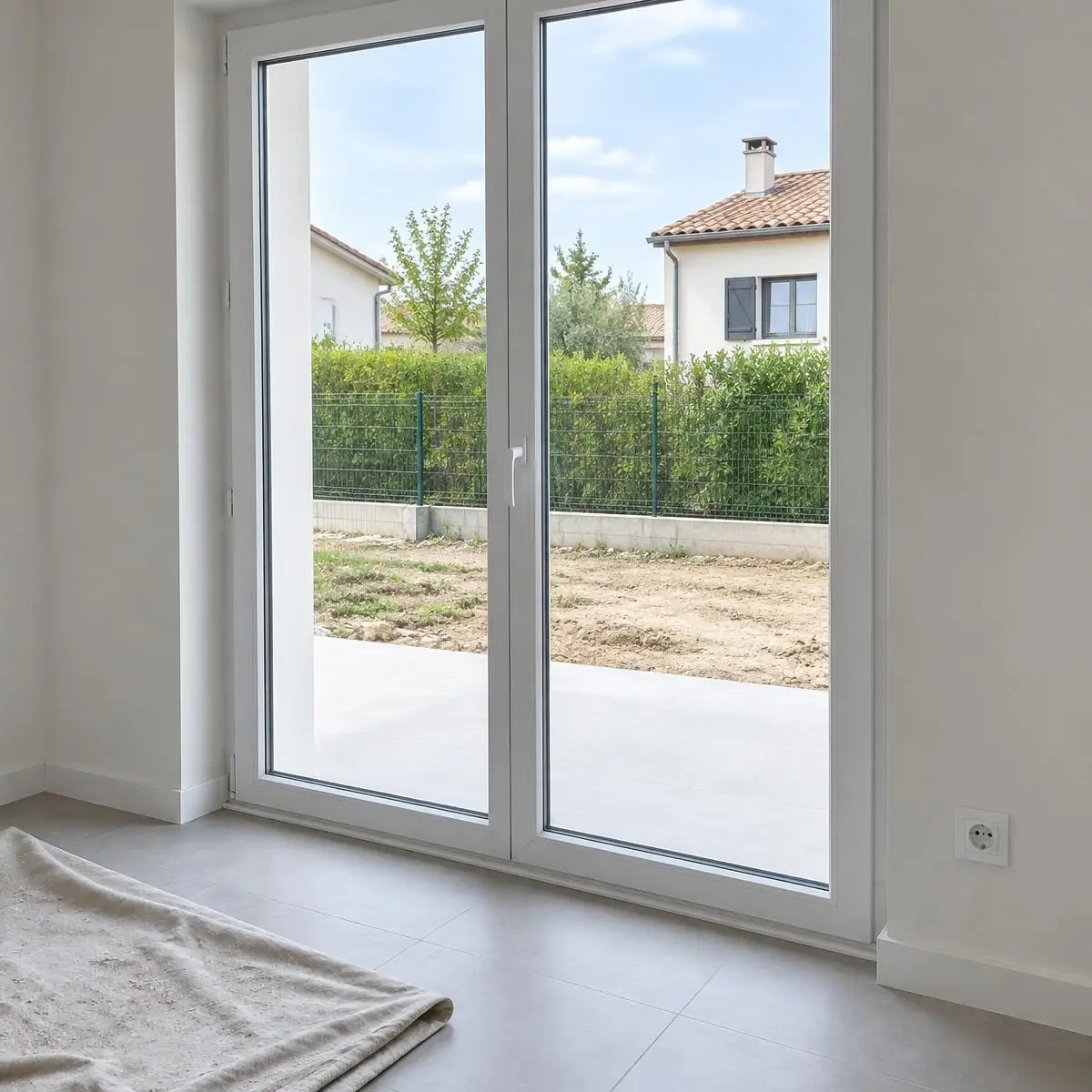 Pièce neuve et vide : porte-fenêtre aux vitres nettes, sol carrelé et murs blancs, une bâche encore posée au sol ; dehors, le jardin est encore en terre
