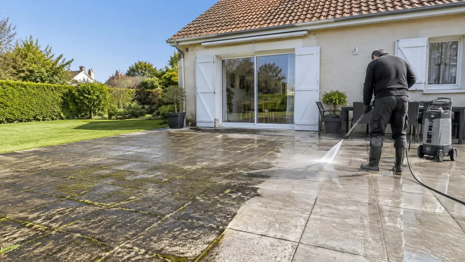 Terrasse en dalles lavée au nettoyeur haute pression : la partie gauche encore verdie de mousse, la partie droite propre