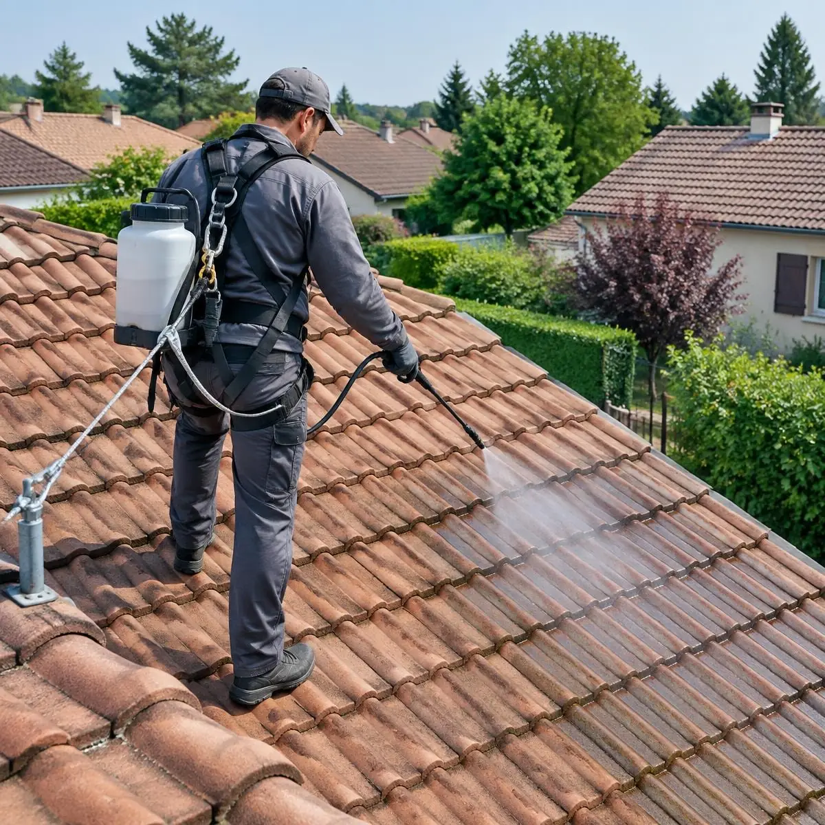 Opérateur harnaché, relié à une ligne de vie, pulvérisant un produit sur une toiture en tuiles